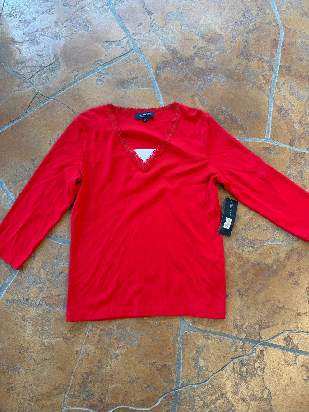 Jones New York Signature Red Knit Lace Trim V-Neck 3/4 Sleeve Top Women's XL